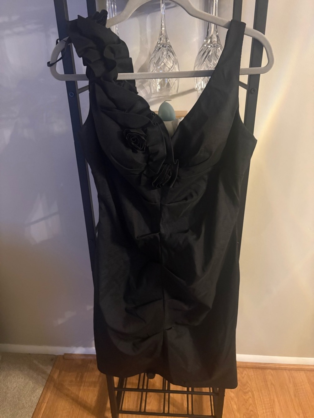 S.L. Fashions Black One-Shoulder Ruffle Rose Detail Dress